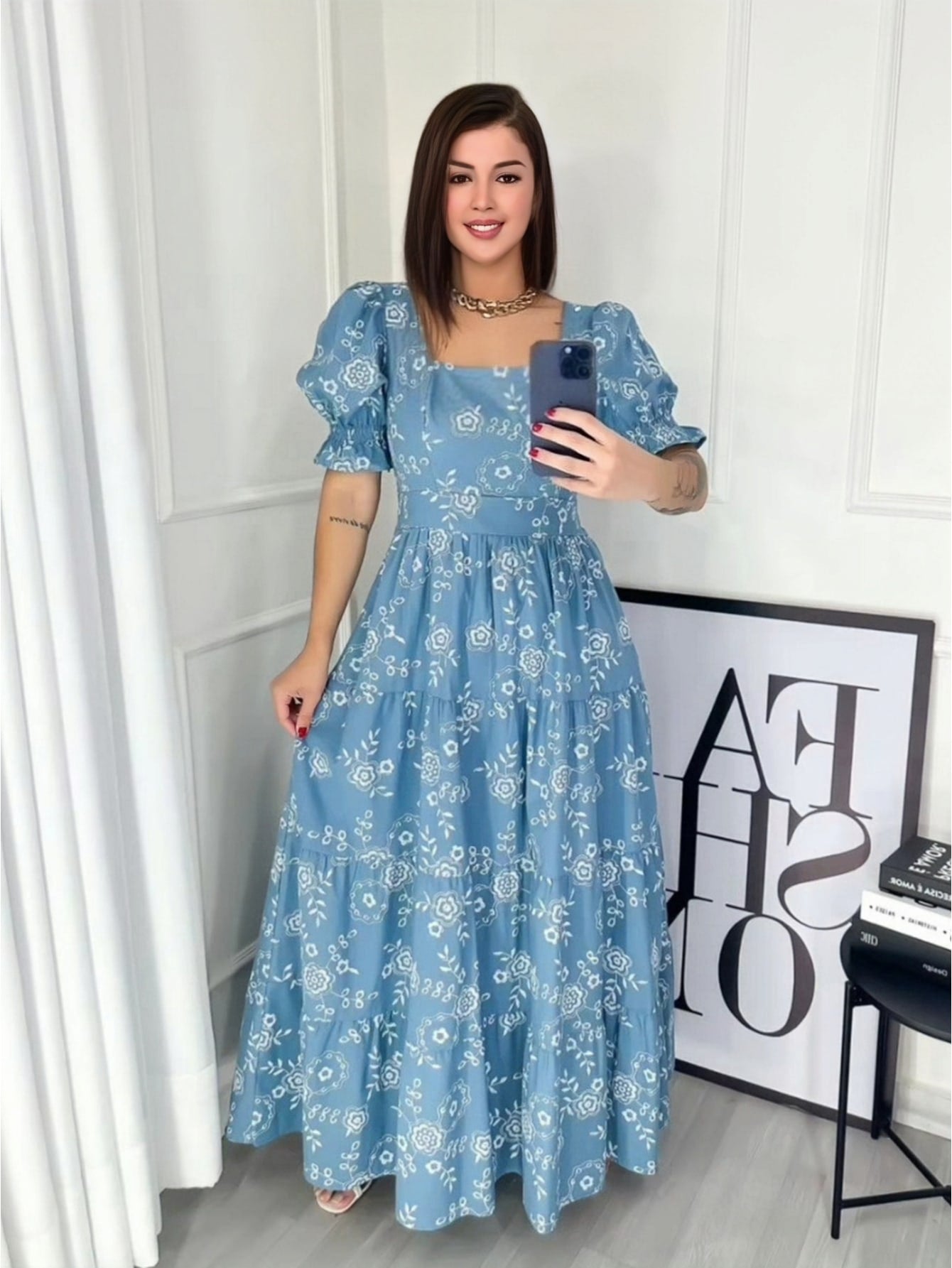 Vestido longo luxo manga curto 3 marias