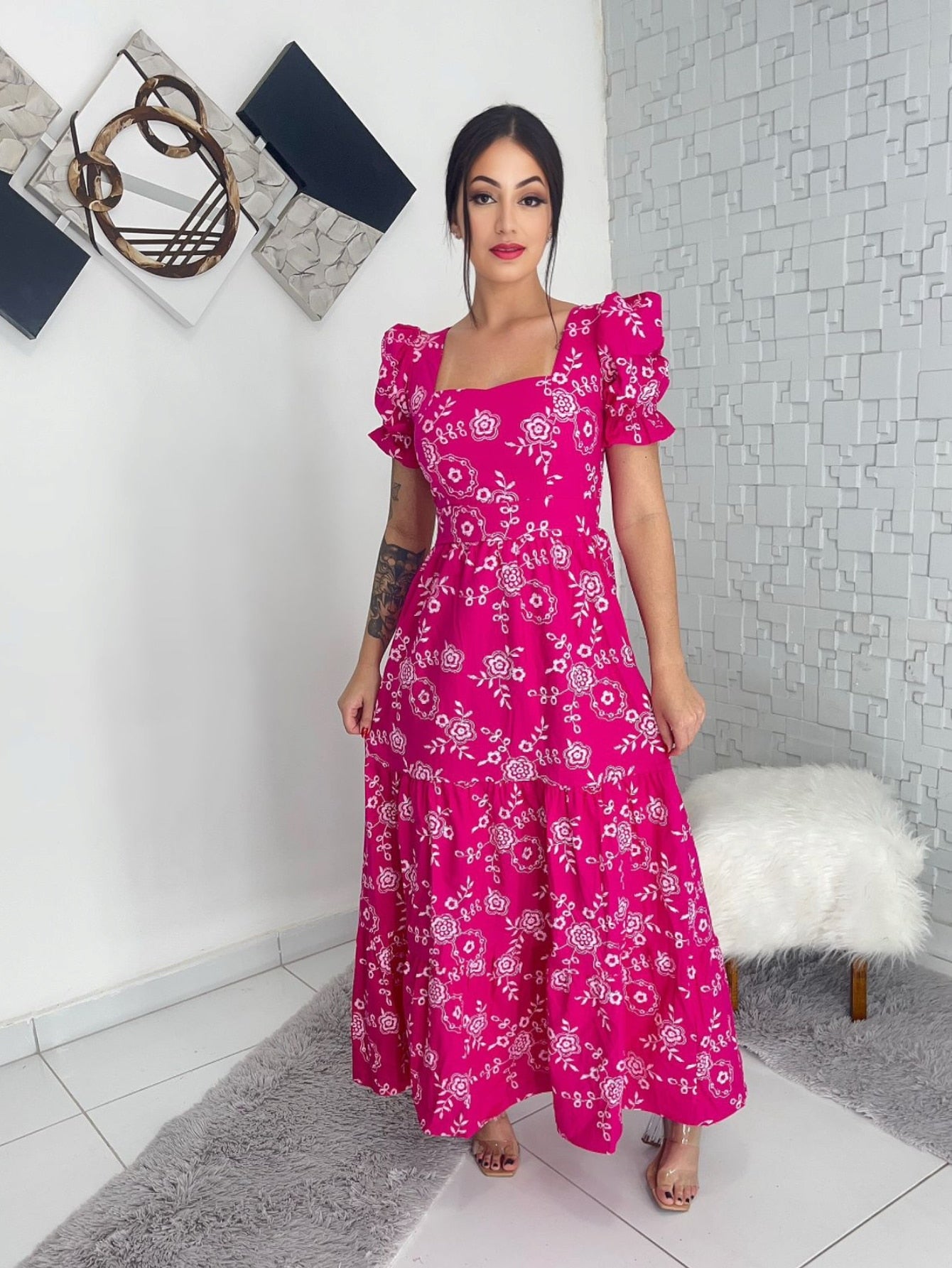 Vestido longo luxo manga curto 3 marias
