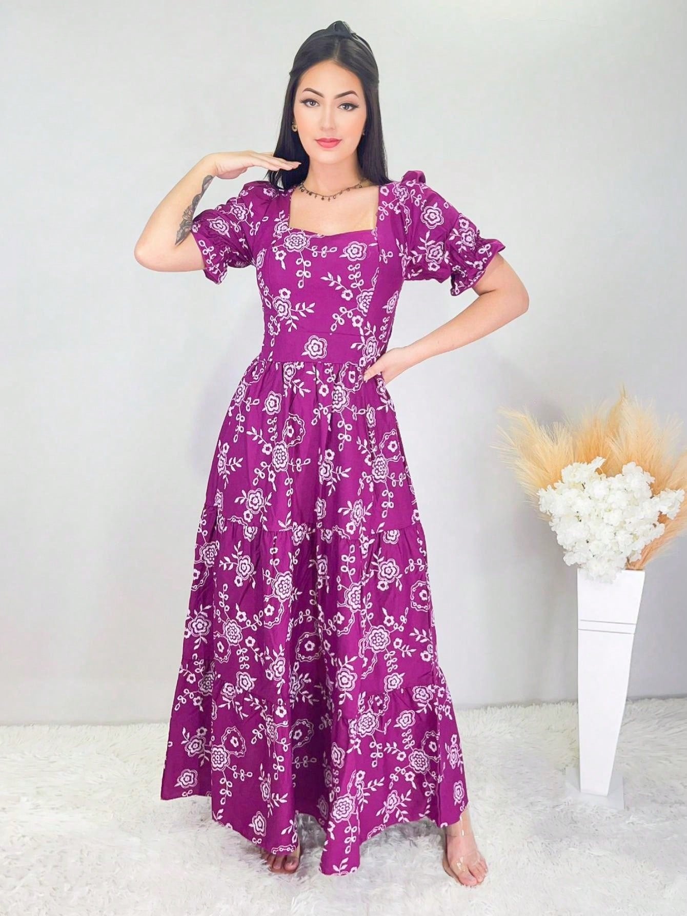 Vestido longo luxo manga curto 3 marias