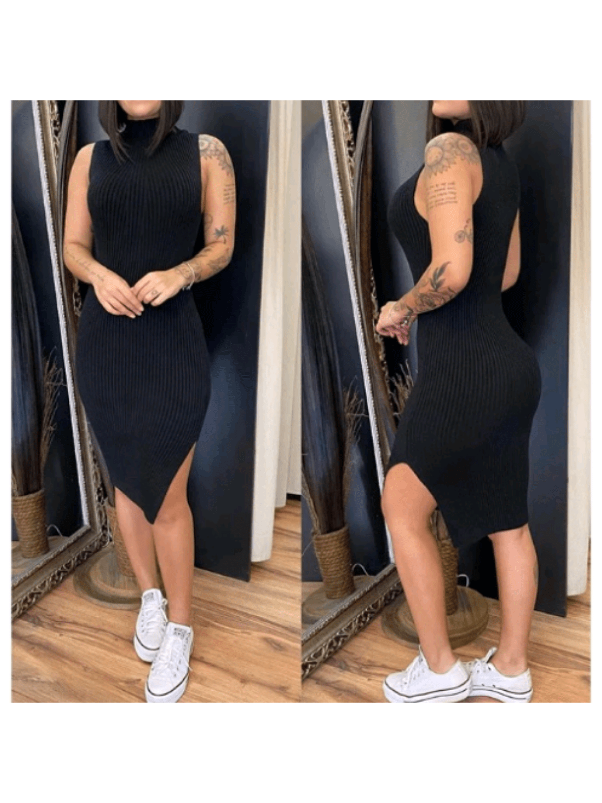 Vestido Midi Fenda Lateral Malha canelada