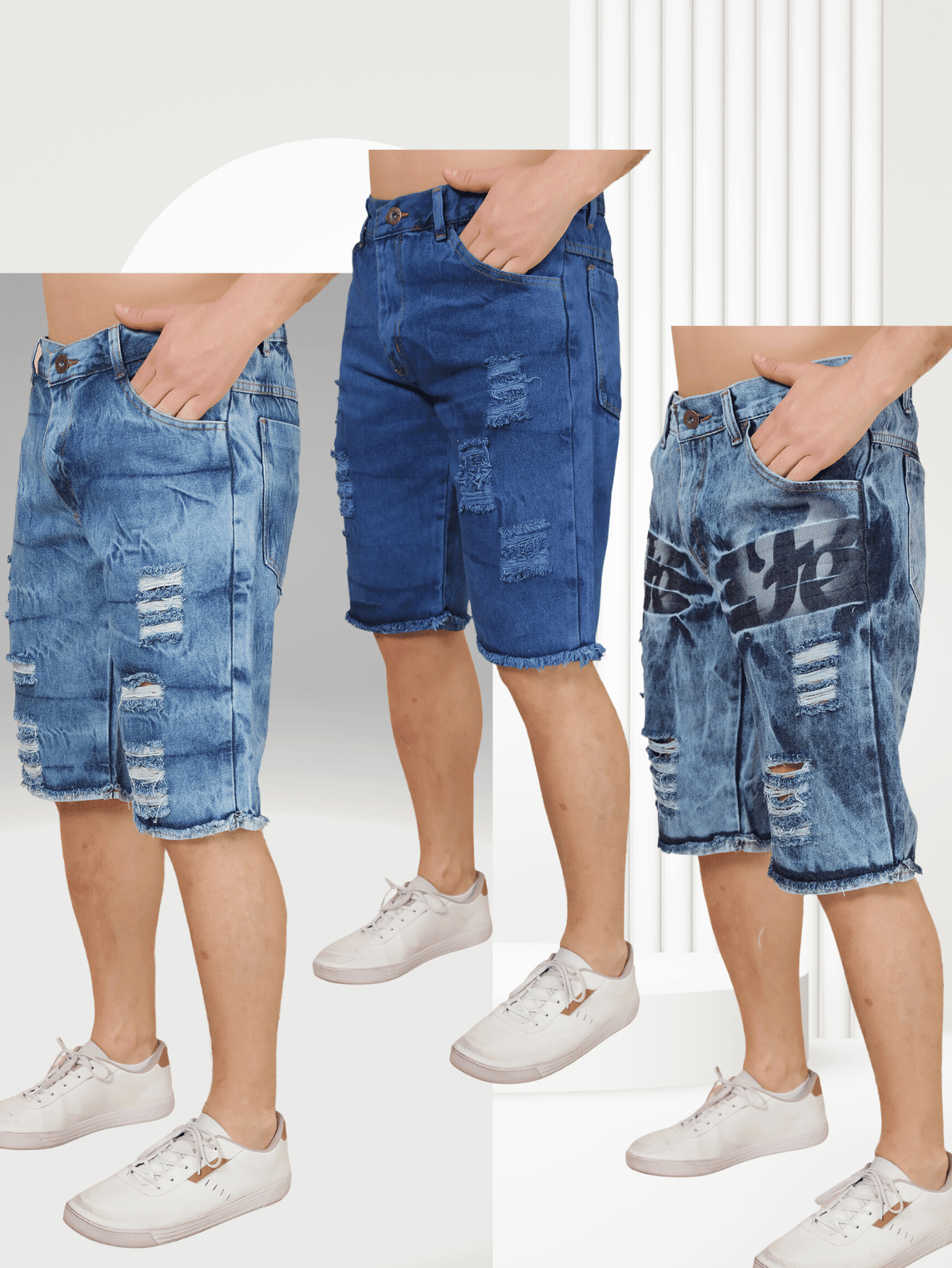 Kit 3 Bermuda Jeans Tradicional masculino Rasgada Casual Direto Da Fábrica