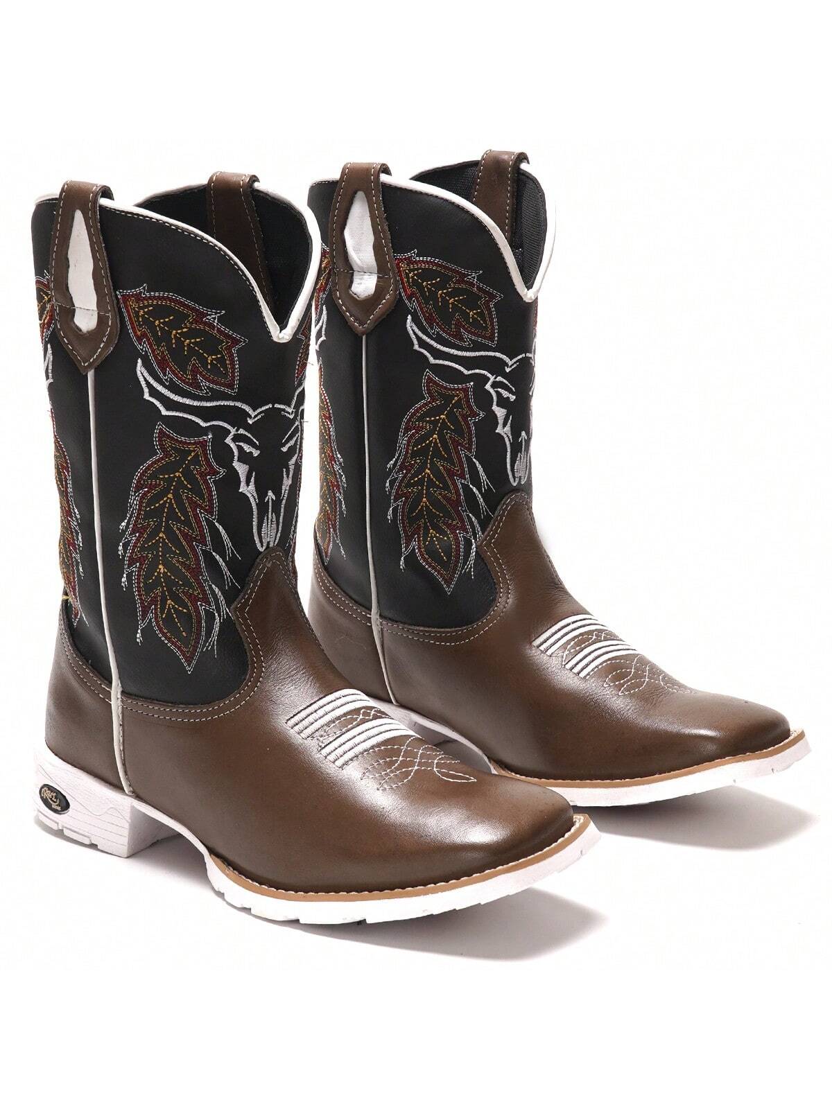 Bota Texana Masculina Sola Branca Country Bico Quadrado Cano Bordado Touro Texas Montaria Rodeio Pecuaria