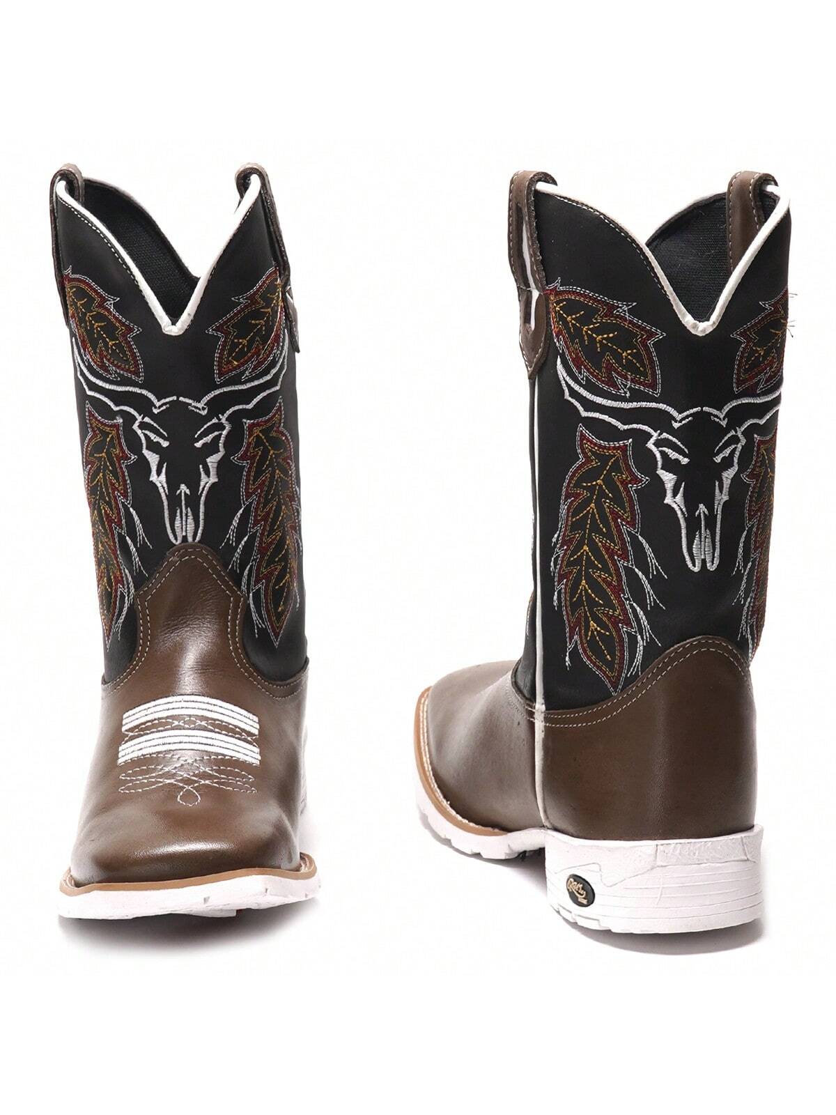 Bota Texana Masculina Sola Branca Country Bico Quadrado Cano Bordado Touro Texas Montaria Rodeio Pecuaria