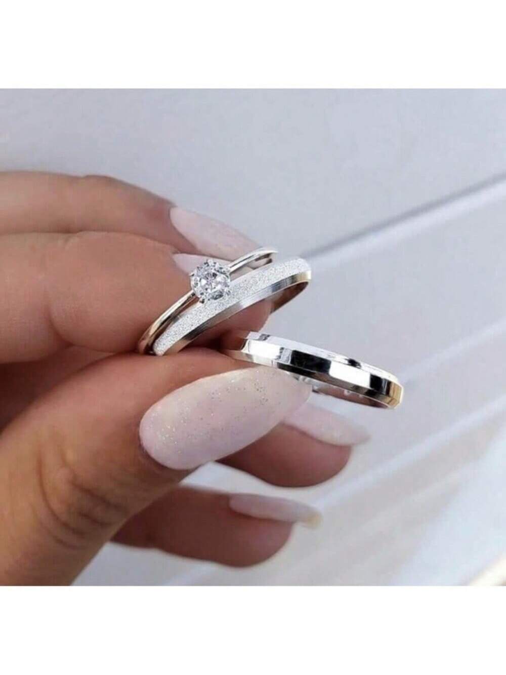 Par De Aliança De Namoro Prata Lisa E Jateada 4mm + Anel Compromisso 925 Alianças Casamento Aço Inoxidável 316L Solitário Noivado 950