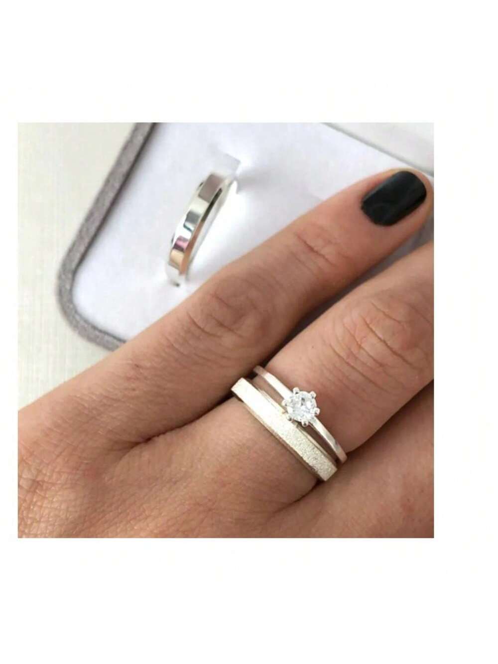 Par De Aliança De Namoro Prata Lisa E Jateada 4mm + Anel Compromisso 925 Alianças Casamento Aço Inoxidável 316L Solitário Noivado 950