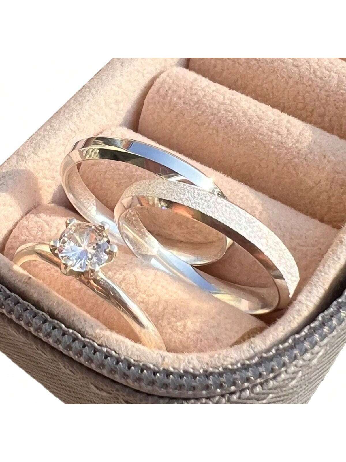 Par De Aliança De Namoro Prata Lisa E Jateada 4mm + Anel Compromisso 925 Alianças Casamento Aço Inoxidável 316L Solitário Noivado 950