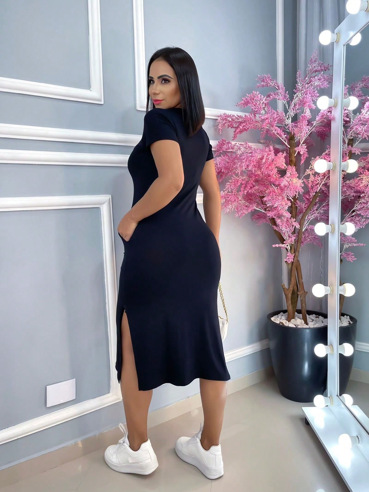 vestido midi modas feminina com fenda lateral e bolso