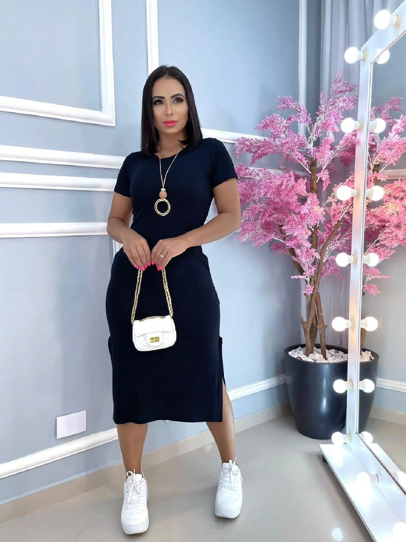 vestido midi modas feminina com fenda lateral e bolso