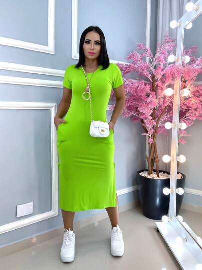 vestido midi modas feminina com fenda lateral e bolso