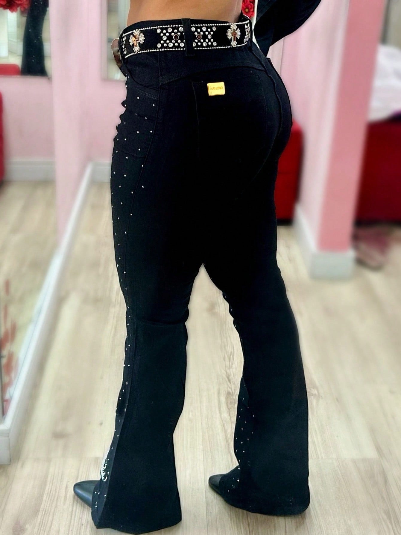 Calça Flare Jeans Luxo Feminina Country Rodeio Cavalaria Cintura Alta com Brilhos Linha Premium