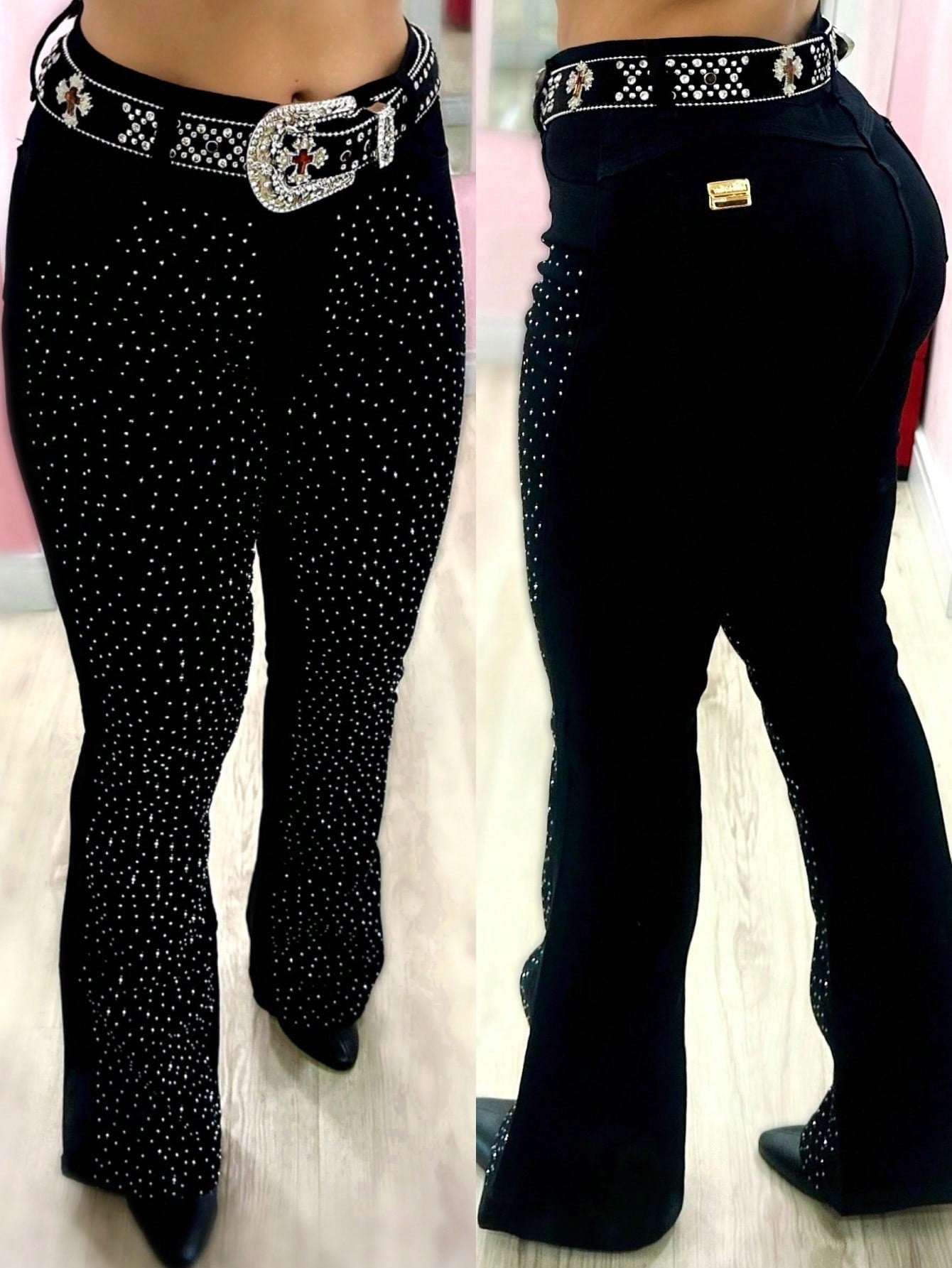 Calça Flare Jeans Luxo Feminina Country Rodeio Pedrarias Cintura Alta com Brilhos Linha Premium