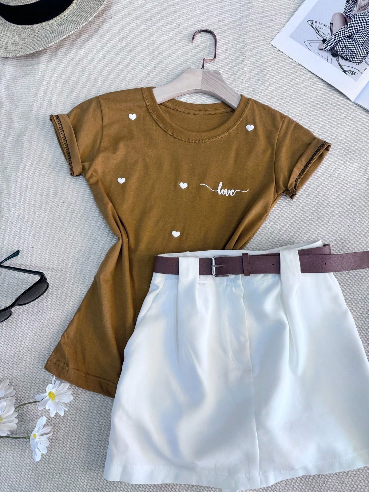 Camiseta T-shirt feminina manga curta algodão 100 % estampa de coração e love