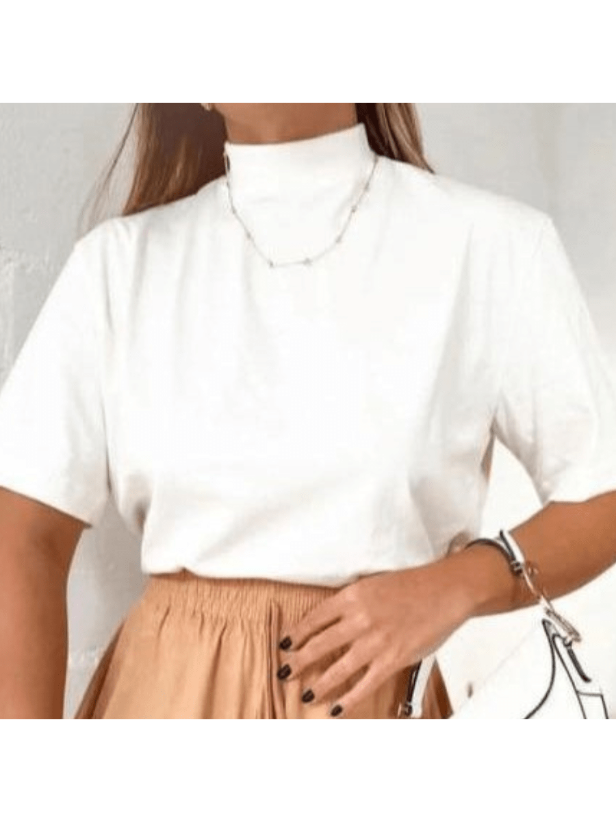 BLUSA T-SHIRT FEMININA GOLA ALTA MANGA CURTA