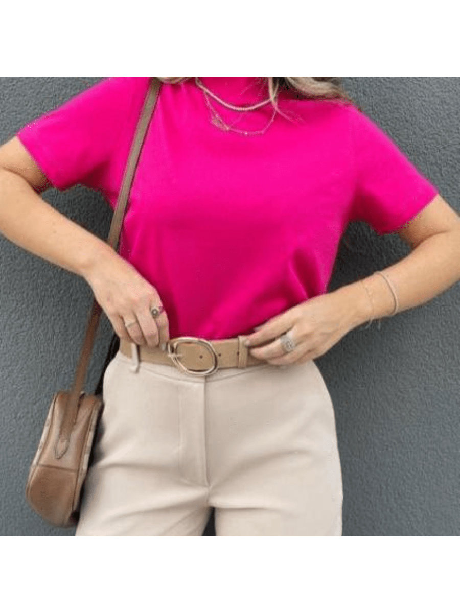 BLUSA T-SHIRT FEMININA GOLA ALTA MANGA CURTA