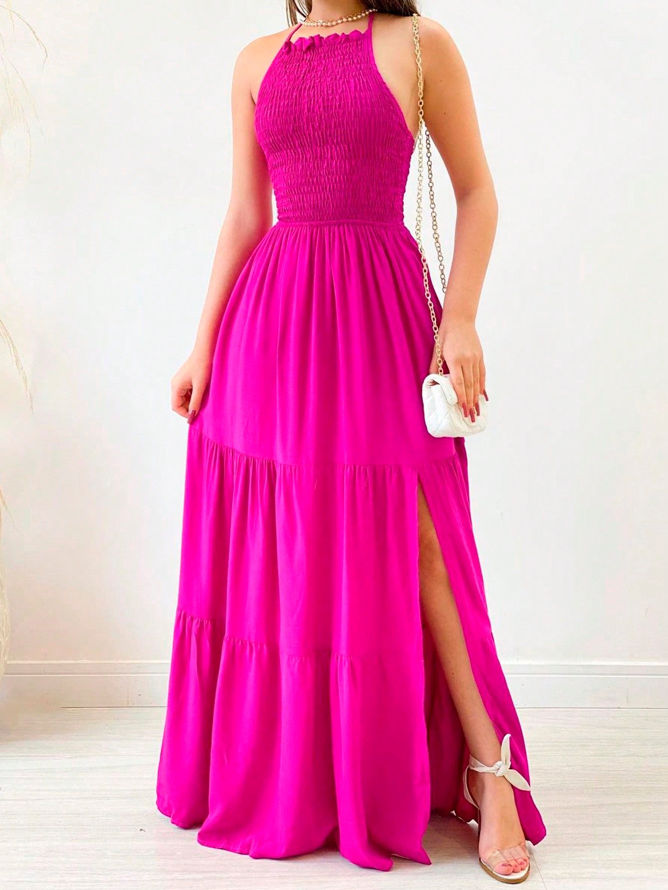 Vestido longo frente única Elastek fenda elegante