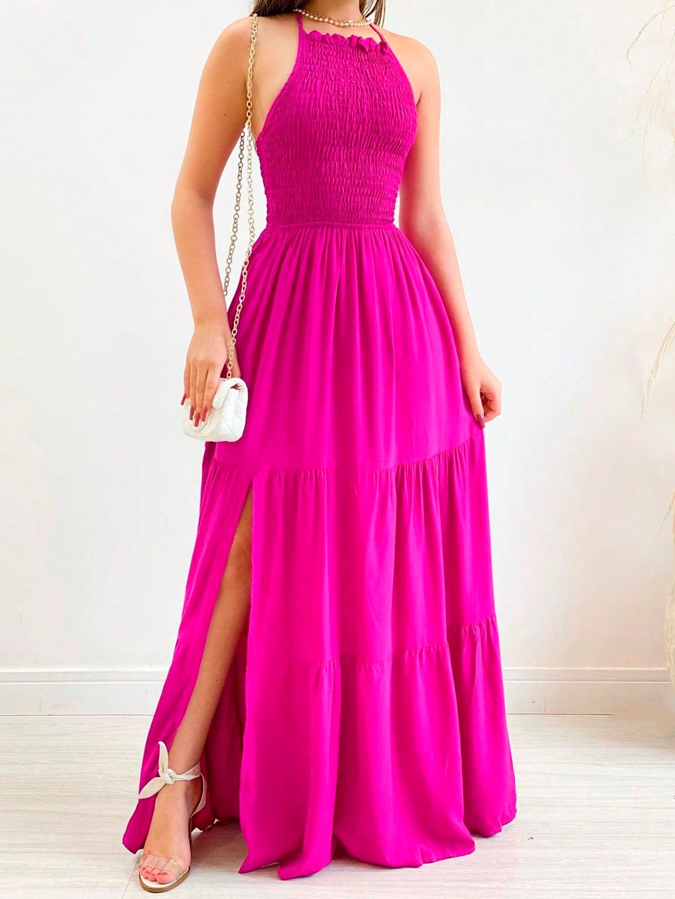 Vestido longo frente única Elastek fenda elegante
