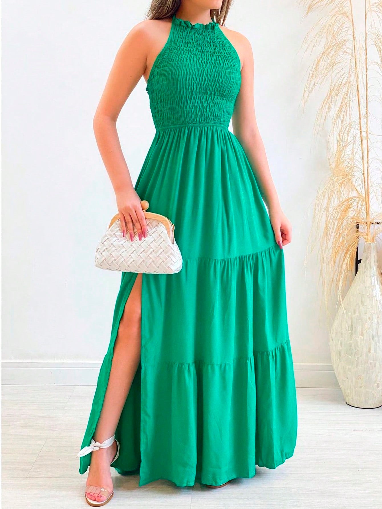 Vestido longo frente única Elastek fenda elegante