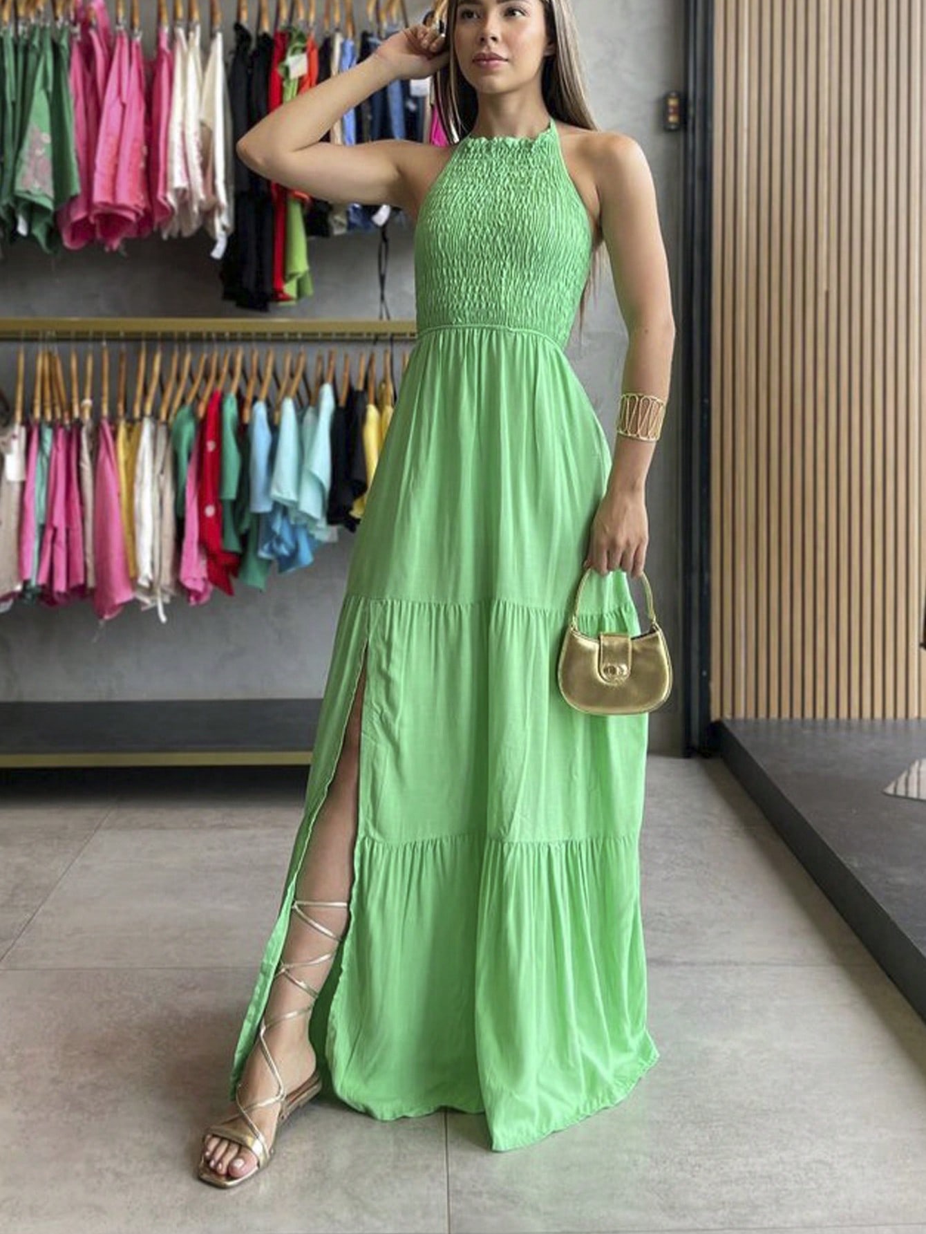Vestido longo frente única Elastek fenda elegante