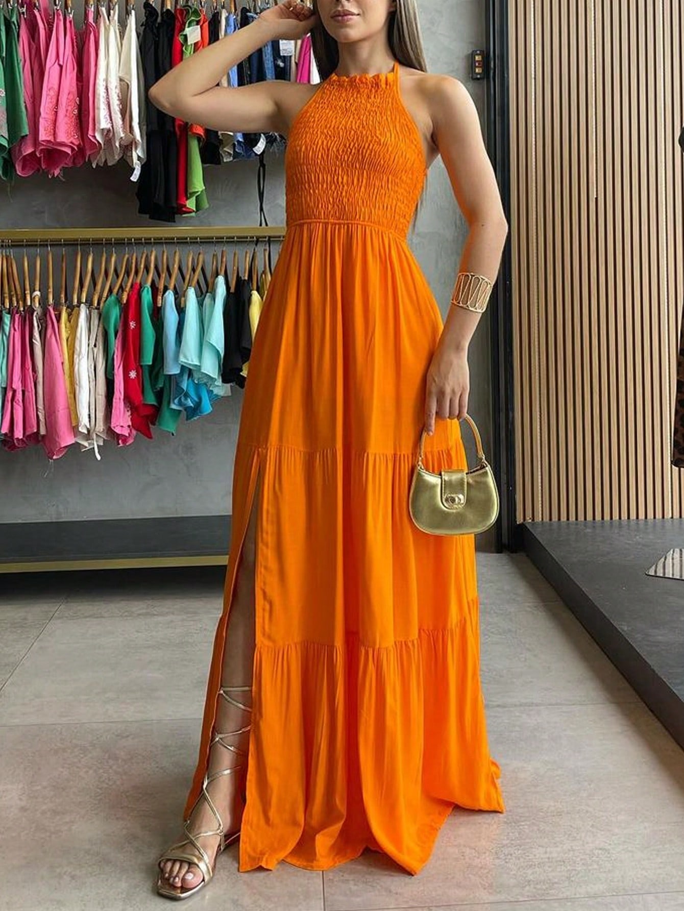 Vestido longo frente única Elastek fenda elegante