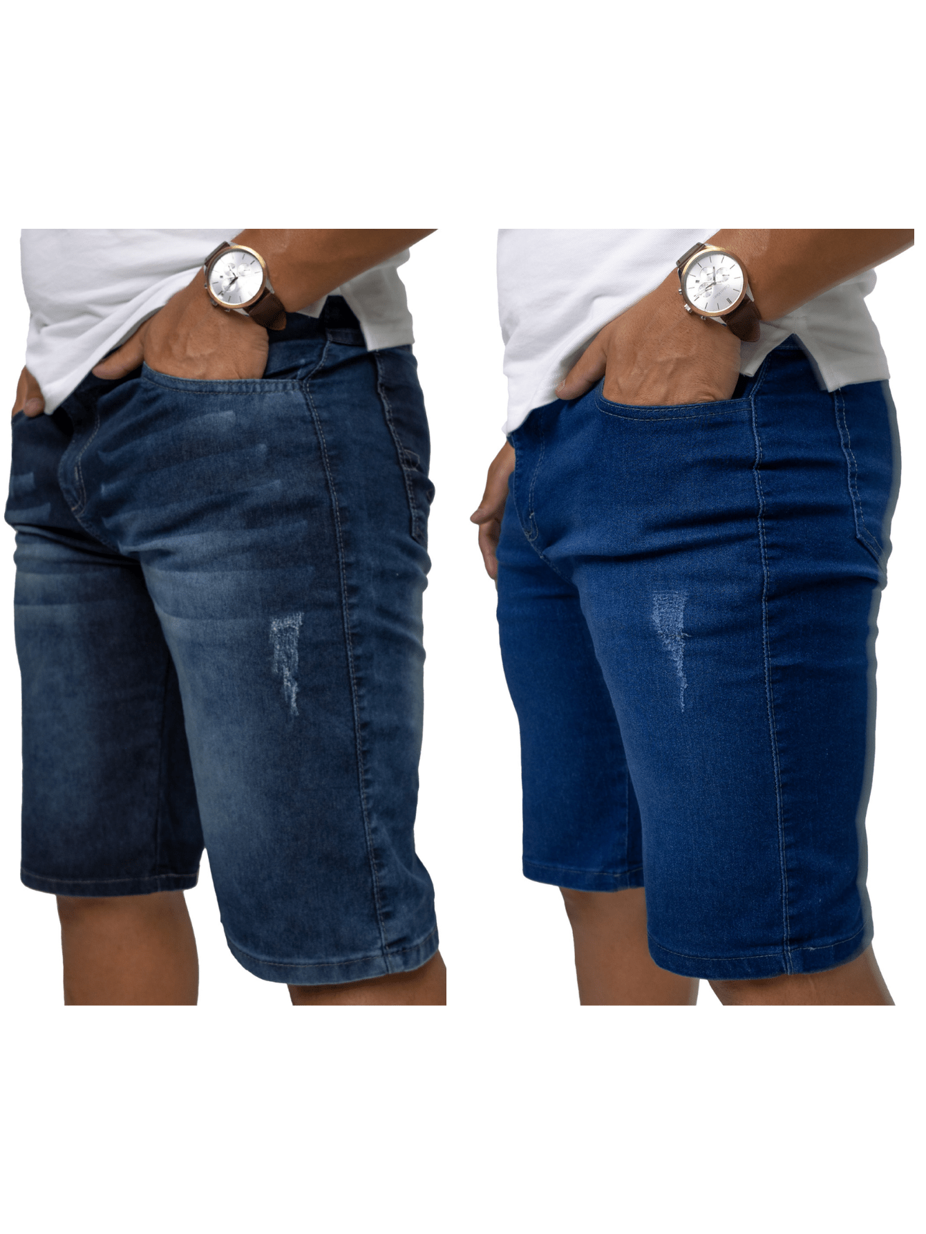 KIT 2 Bermuda Masculina Jeans Azul Puido e Azul Bigode Com Elasticidade