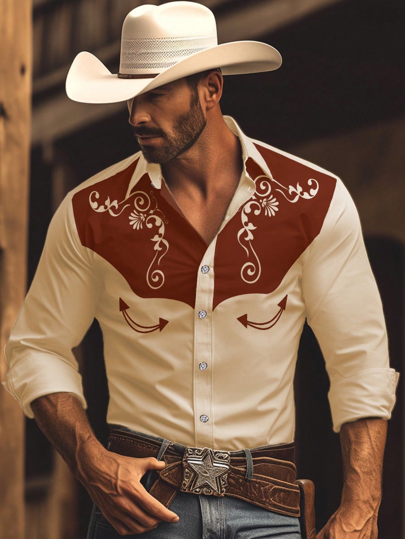 Manfinity RSRT Camisa casual de estilo country masculina de manga longa com botão único e estampa de planta rodeo