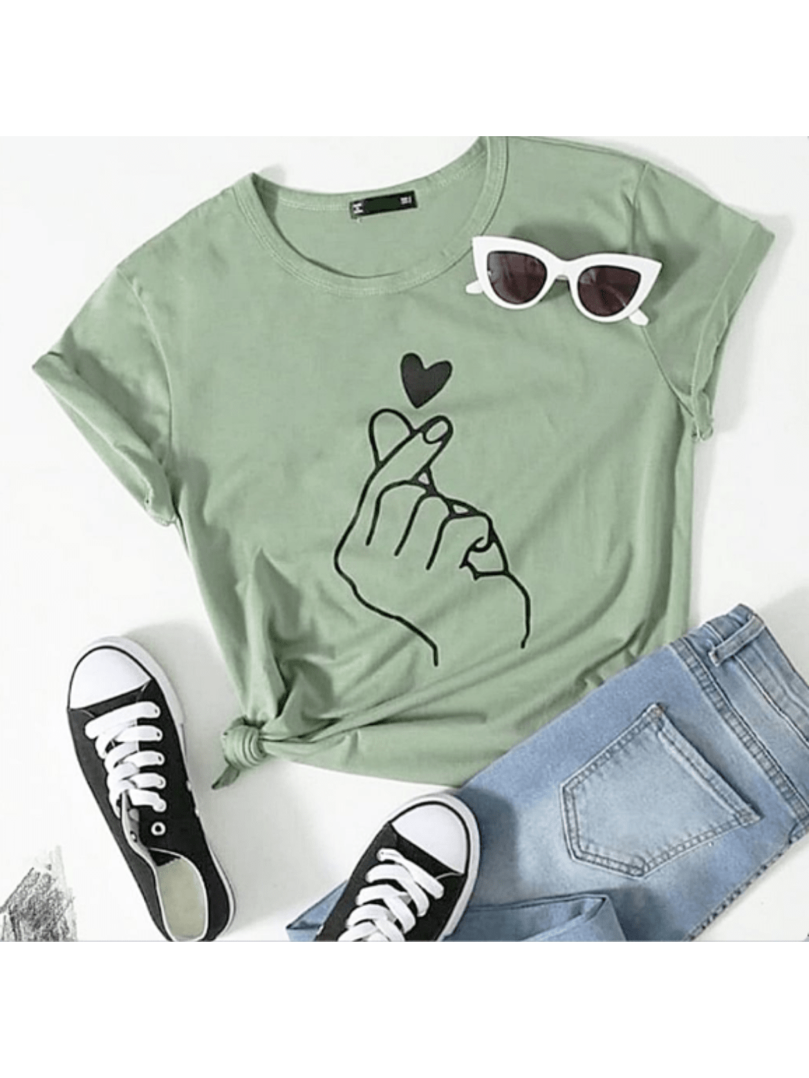 Blusa Tshirt Feminina Manga Curta Algodão Estampa Mão Coração