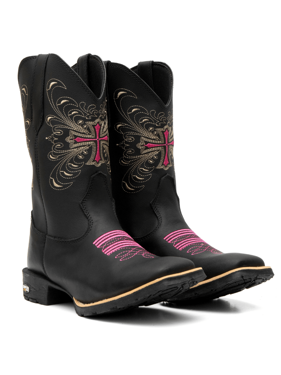 Botina Texana Rustica Bordado Feminino Bico Quadrado Cruz BK
