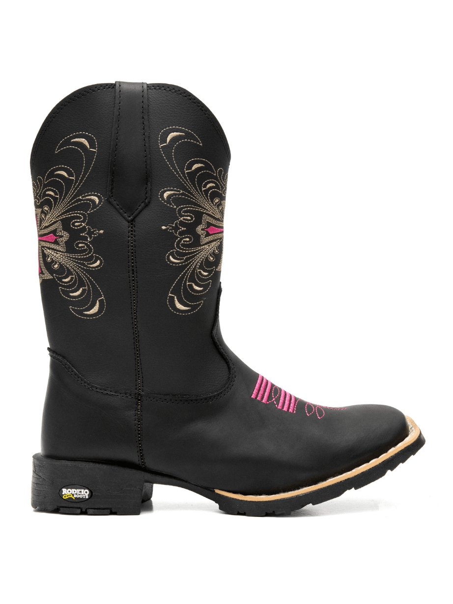 Botina Texana Rustica Bordado Feminino Bico Quadrado Cruz BK