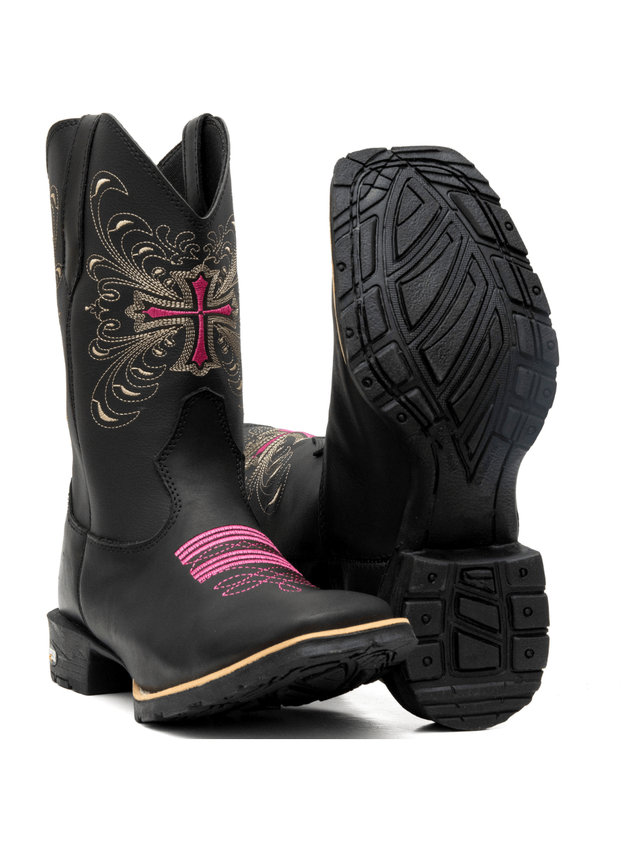 Botina Texana Rustica Bordado Feminino Bico Quadrado Cruz BK