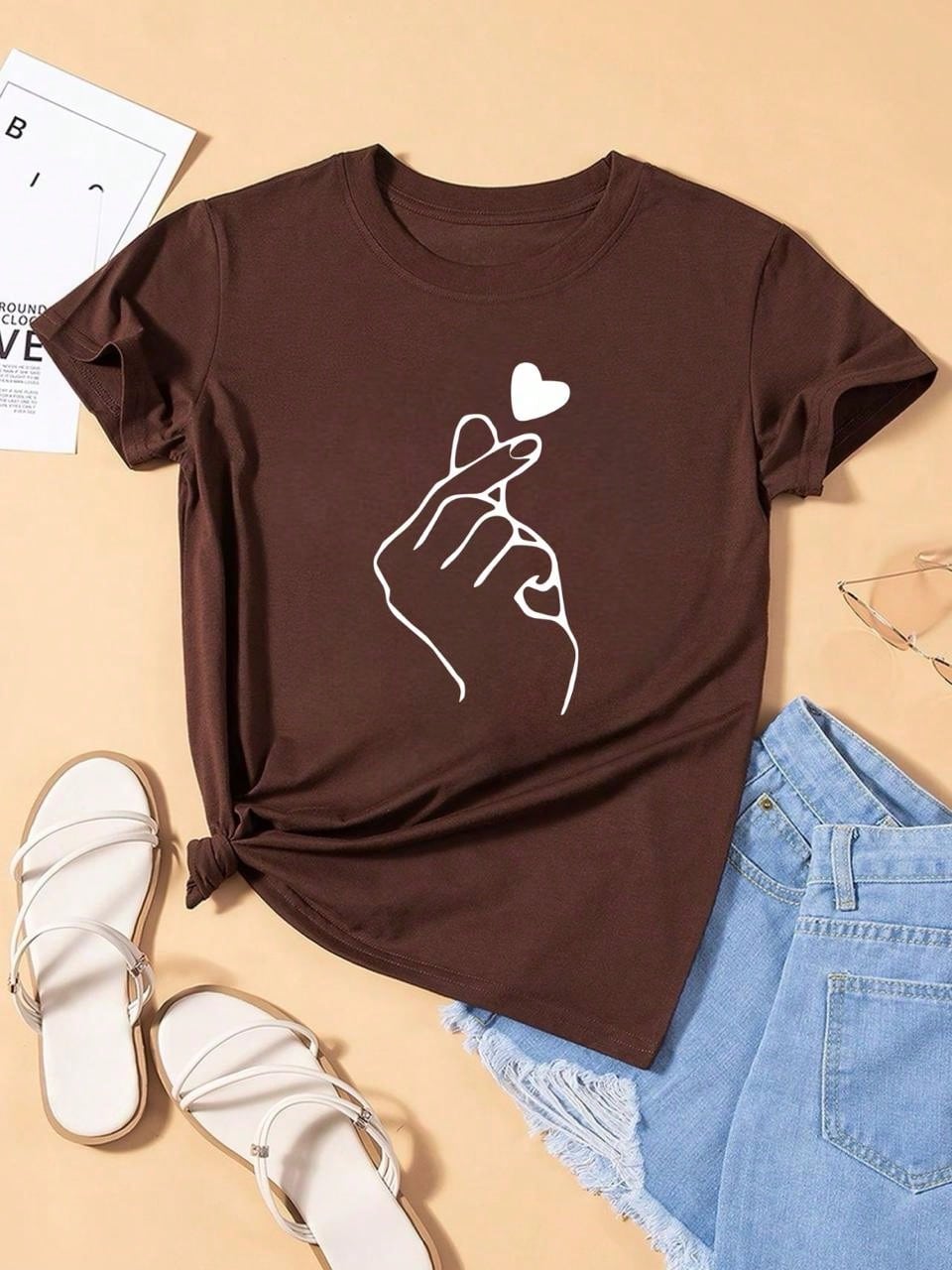 Blusa Tshirt Feminina Manga Curta Algodão Estampa Mão Coração