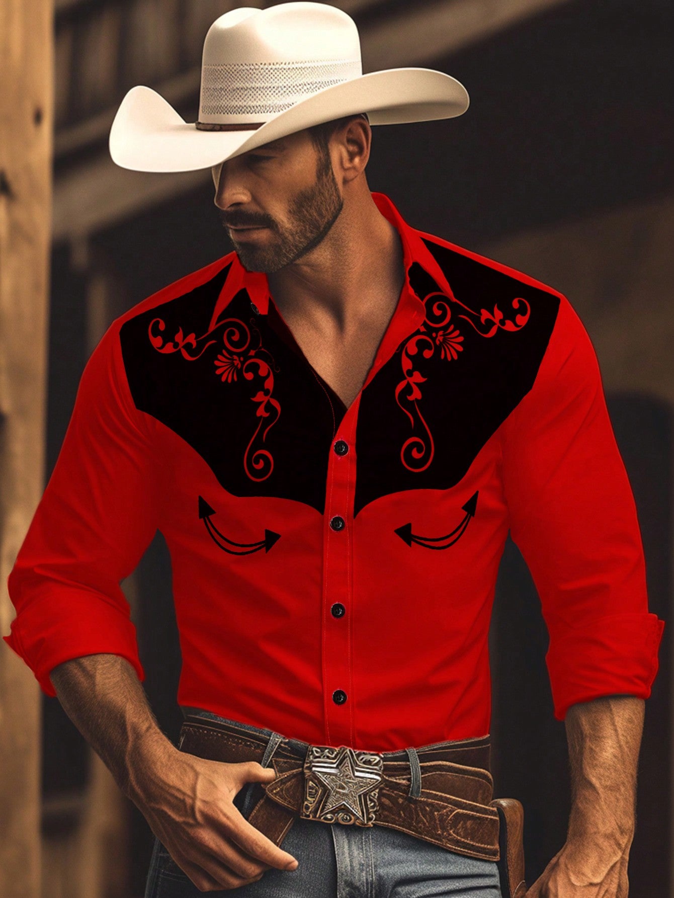 Manfinity RSRT Camisa casual de estilo country masculina de manga longa com botão único e estampa de planta rodeo