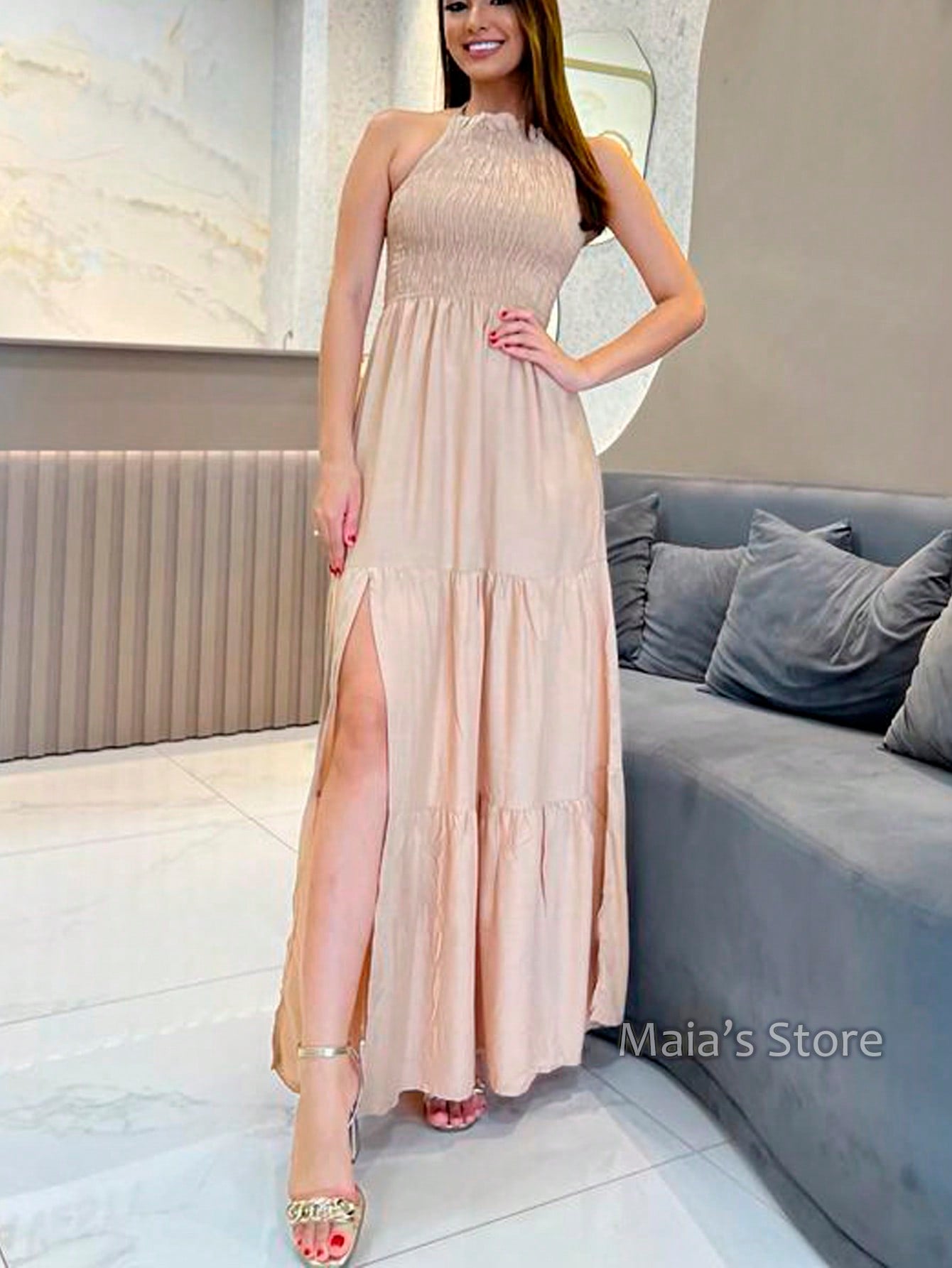 Vestido longo frente única Elastek fenda elegante
