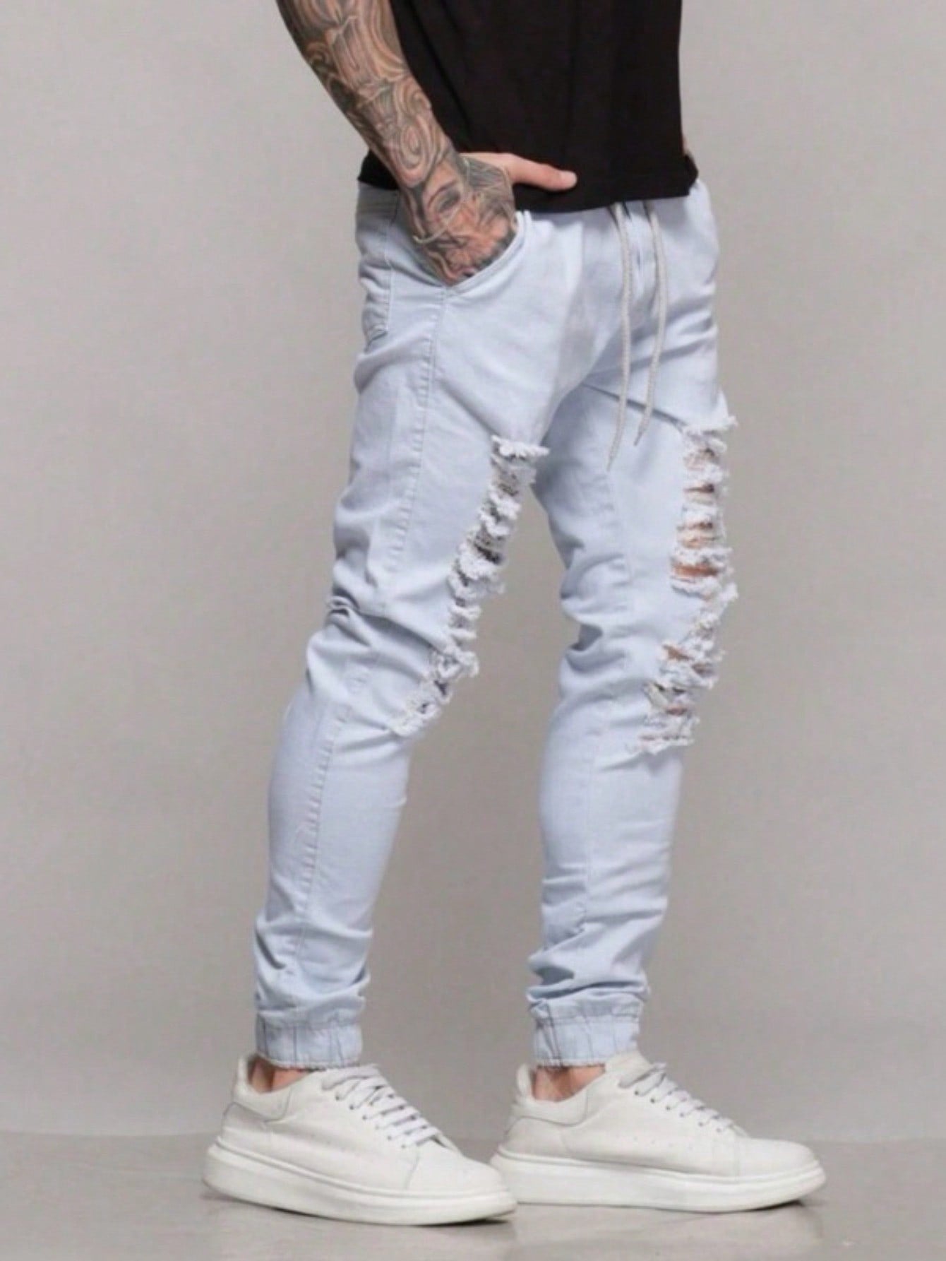 Calça Masculina Jeans Sarja Skinny Slim Rasgada Destroyed