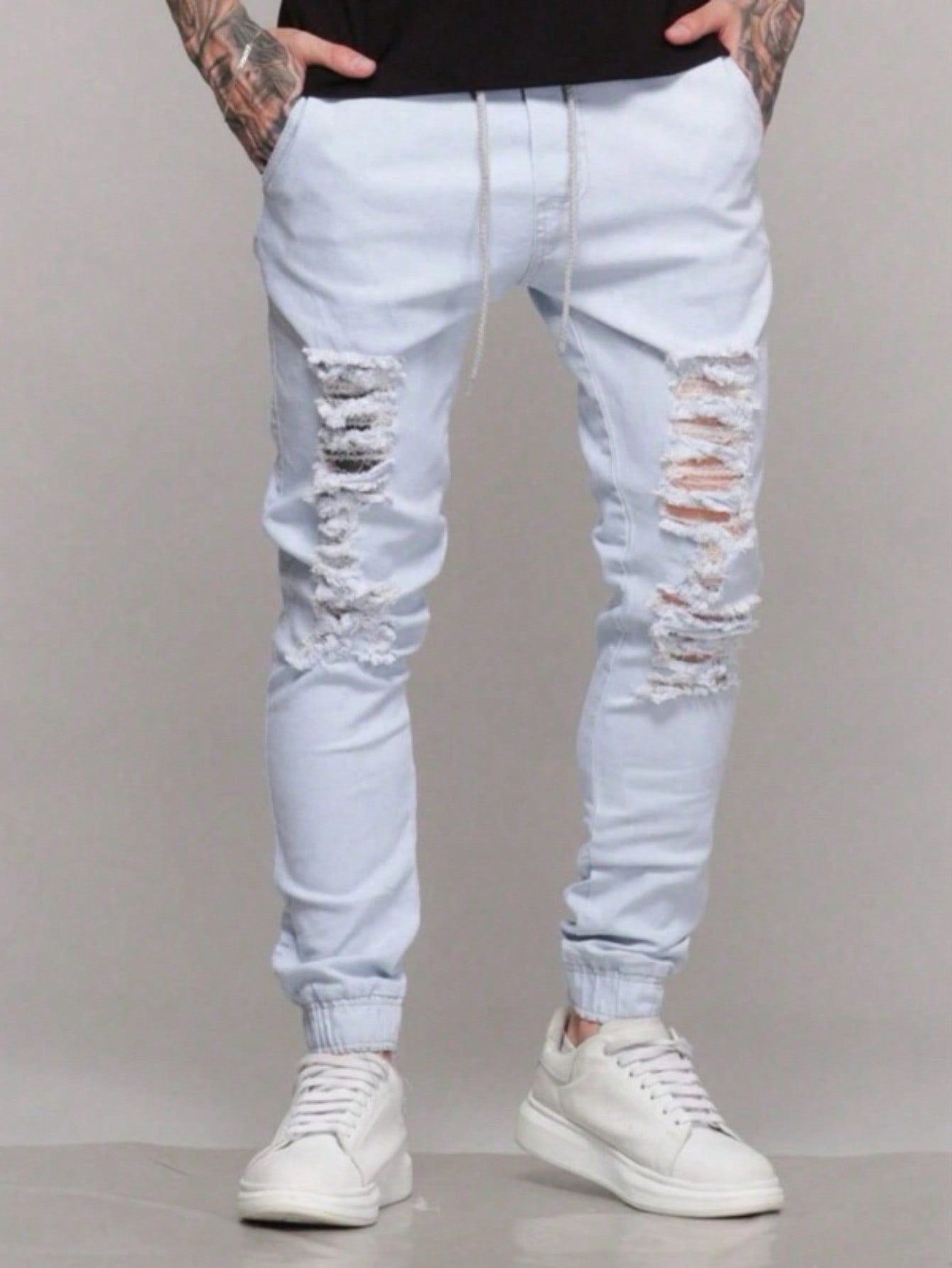Calça Masculina Jeans Sarja Skinny Slim Rasgada Destroyed
