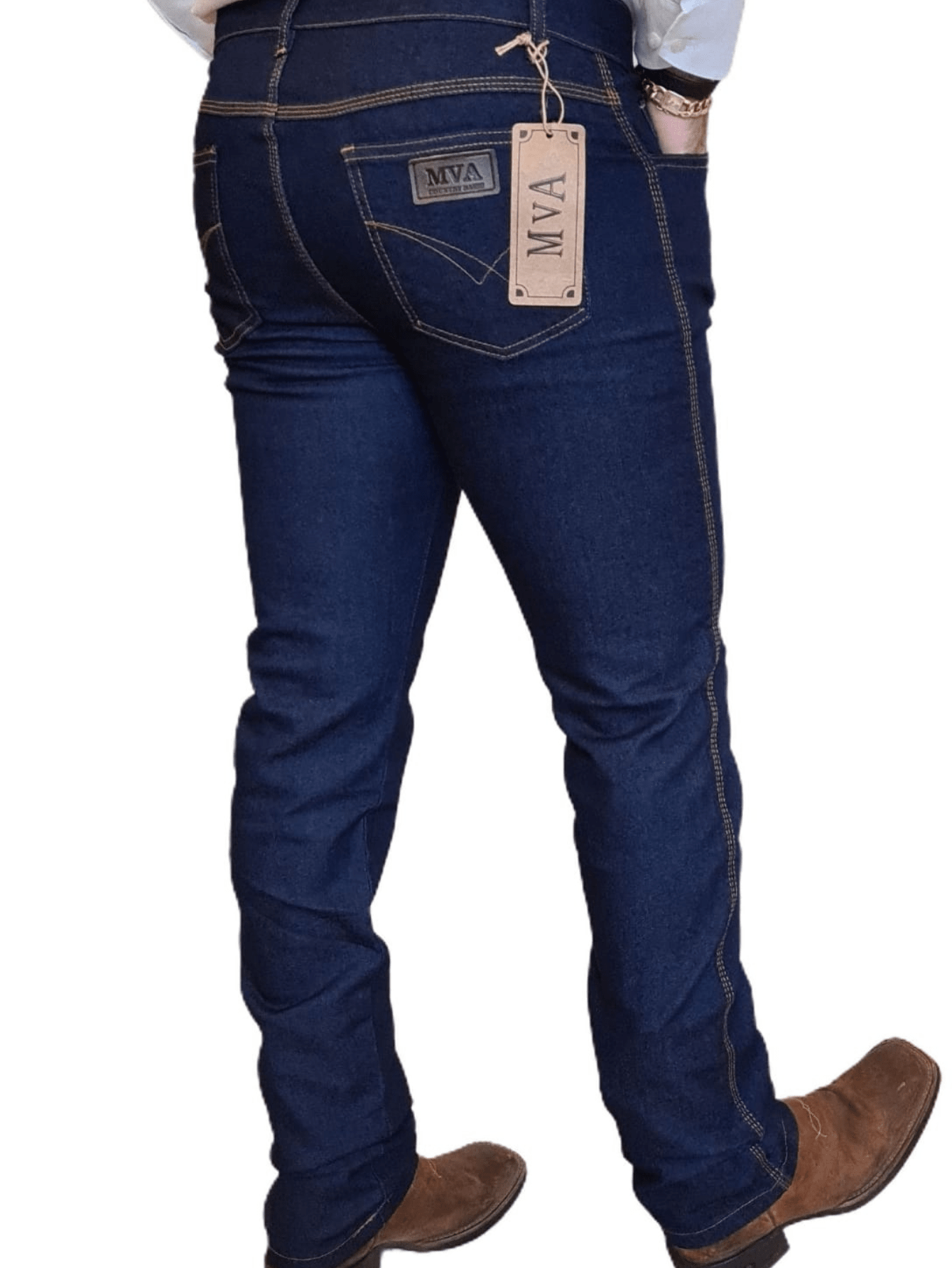 Calça country masculina jeans reforçada para rodeio para usar com bota com elastano