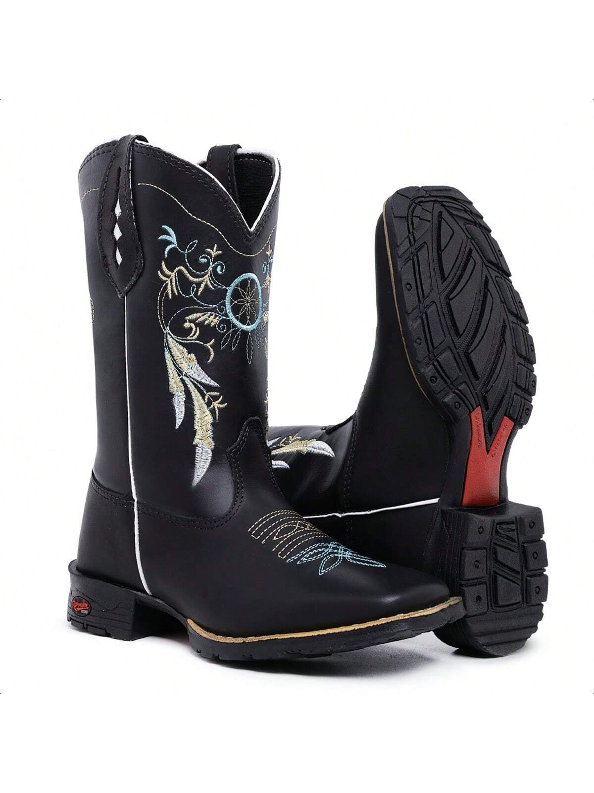 Bota Texana Feminina Country Cano Médio Bordada Bico Quadrado Moda