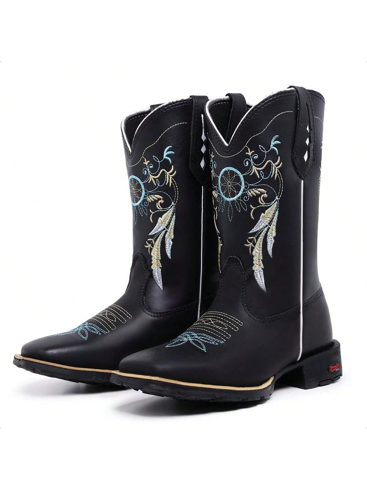 Bota Texana Feminina Country Cano Médio Bordada Bico Quadrado Moda