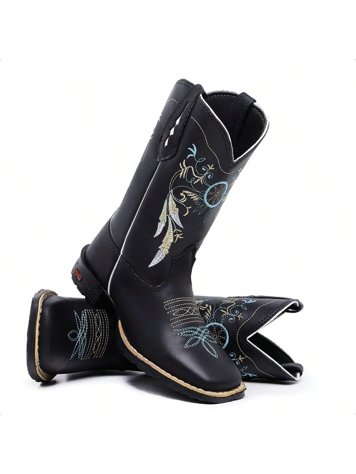 Bota Texana Feminina Country Cano Médio Bordada Bico Quadrado Moda