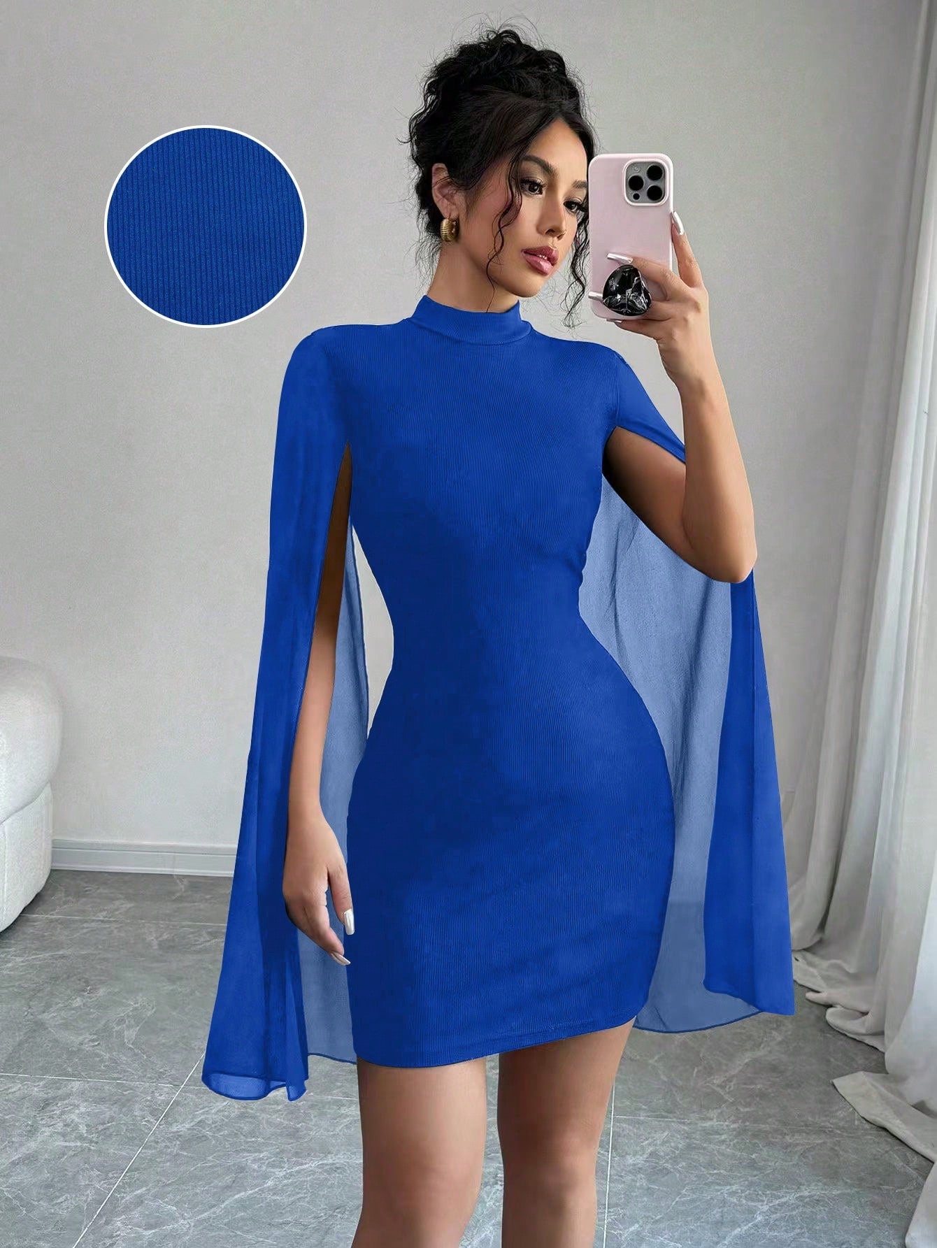 Elenzga Mini Vestido com Capa Ombro a Ombro, Gola Estruturada, Cor Sólida