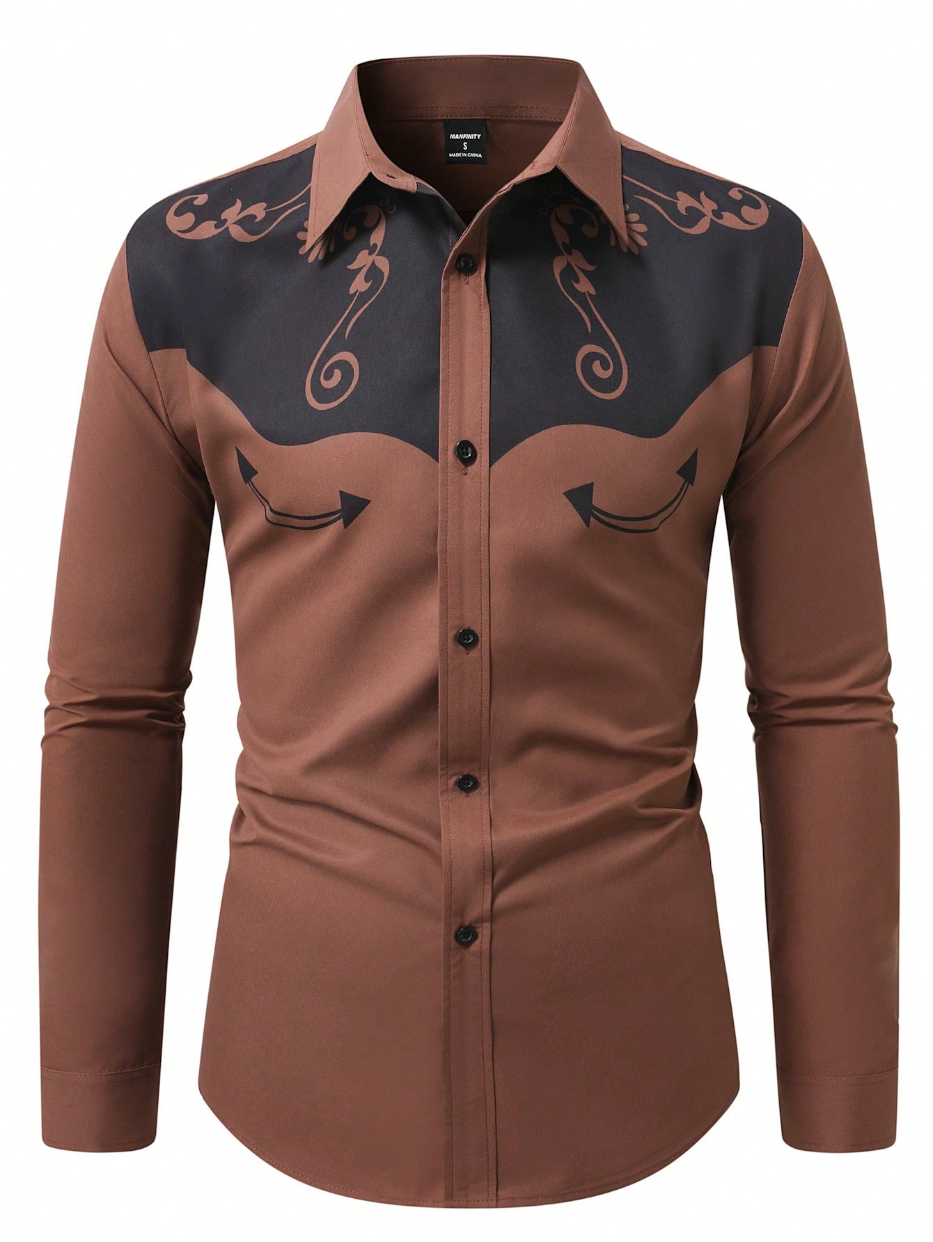 Manfinity RSRT Camisa casual de estilo country masculina de manga longa com botão único e estampa de planta rodeo