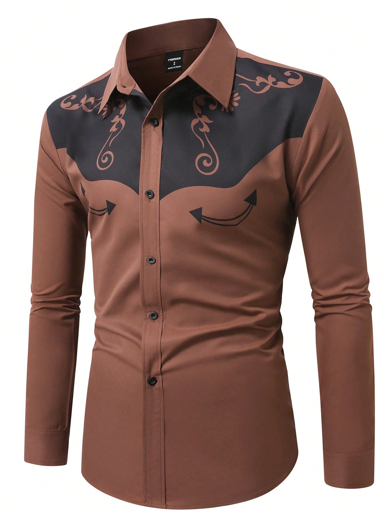 Manfinity RSRT Camisa casual de estilo country masculina de manga longa com botão único e estampa de planta rodeo