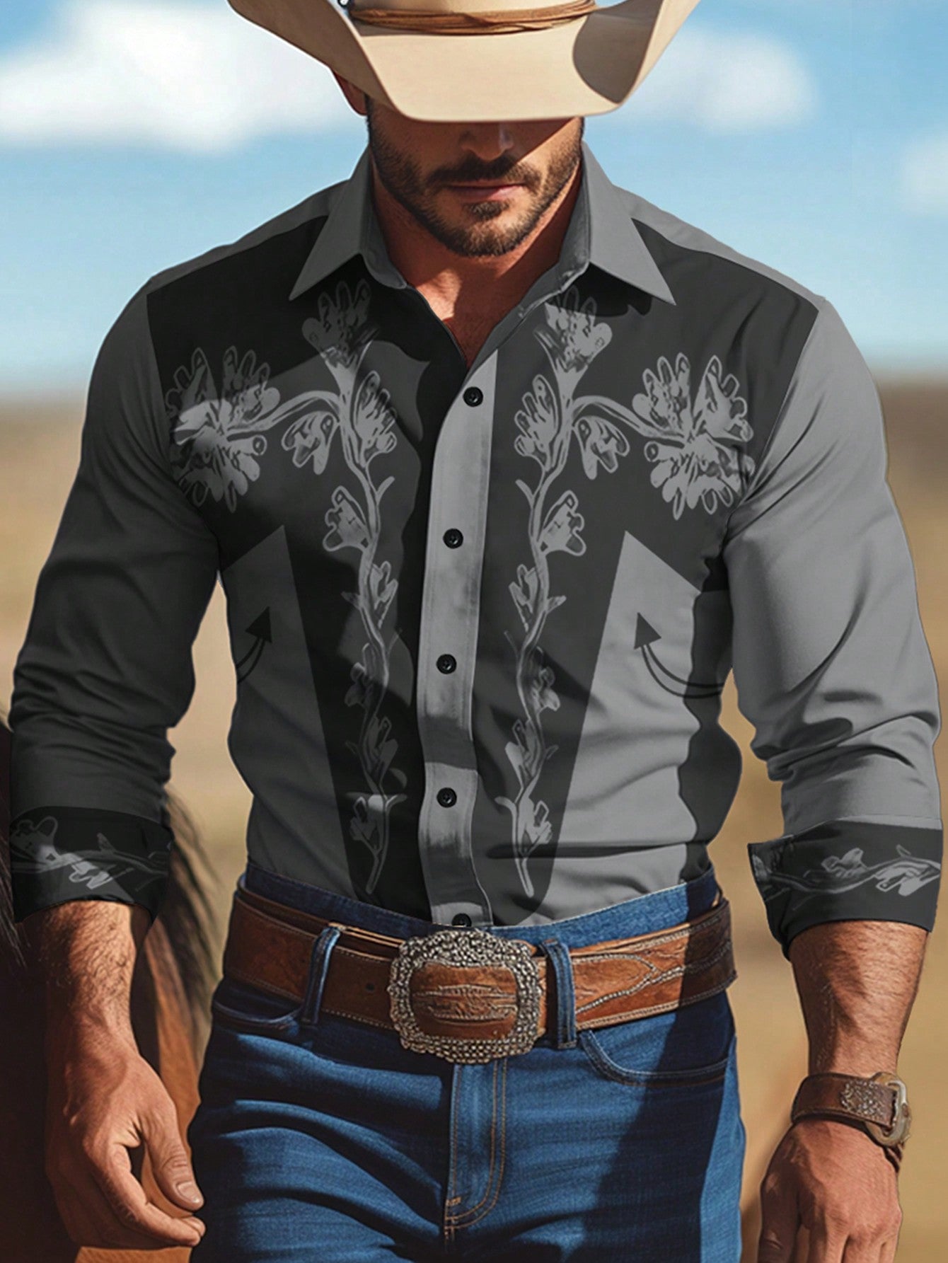 Manfinity RSRT Camisa casual de estilo country masculina de manga longa com botão único e estampa de planta rodeo