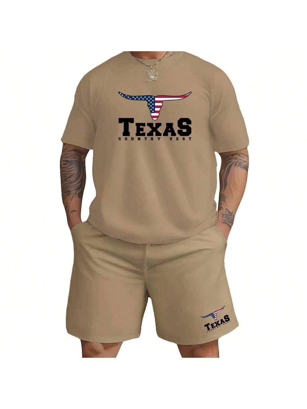 Conjunto 2 Pecas Camiseta T-Shirt Masculina + Bermuda Short Moletom Estampado Texas Txc Touro Velho texas Kit Casual Verão