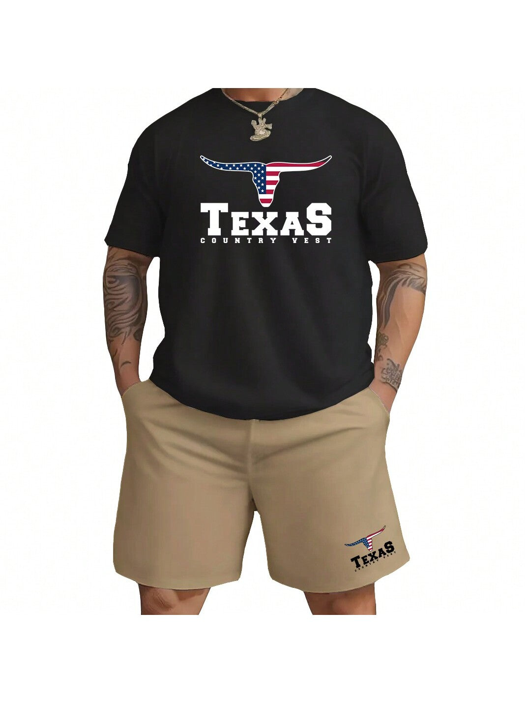 Conjunto 2 Pecas Camiseta T-Shirt Masculina + Bermuda Short Moletom Estampado Texas Txc Touro Velho texas Kit Casual Verão