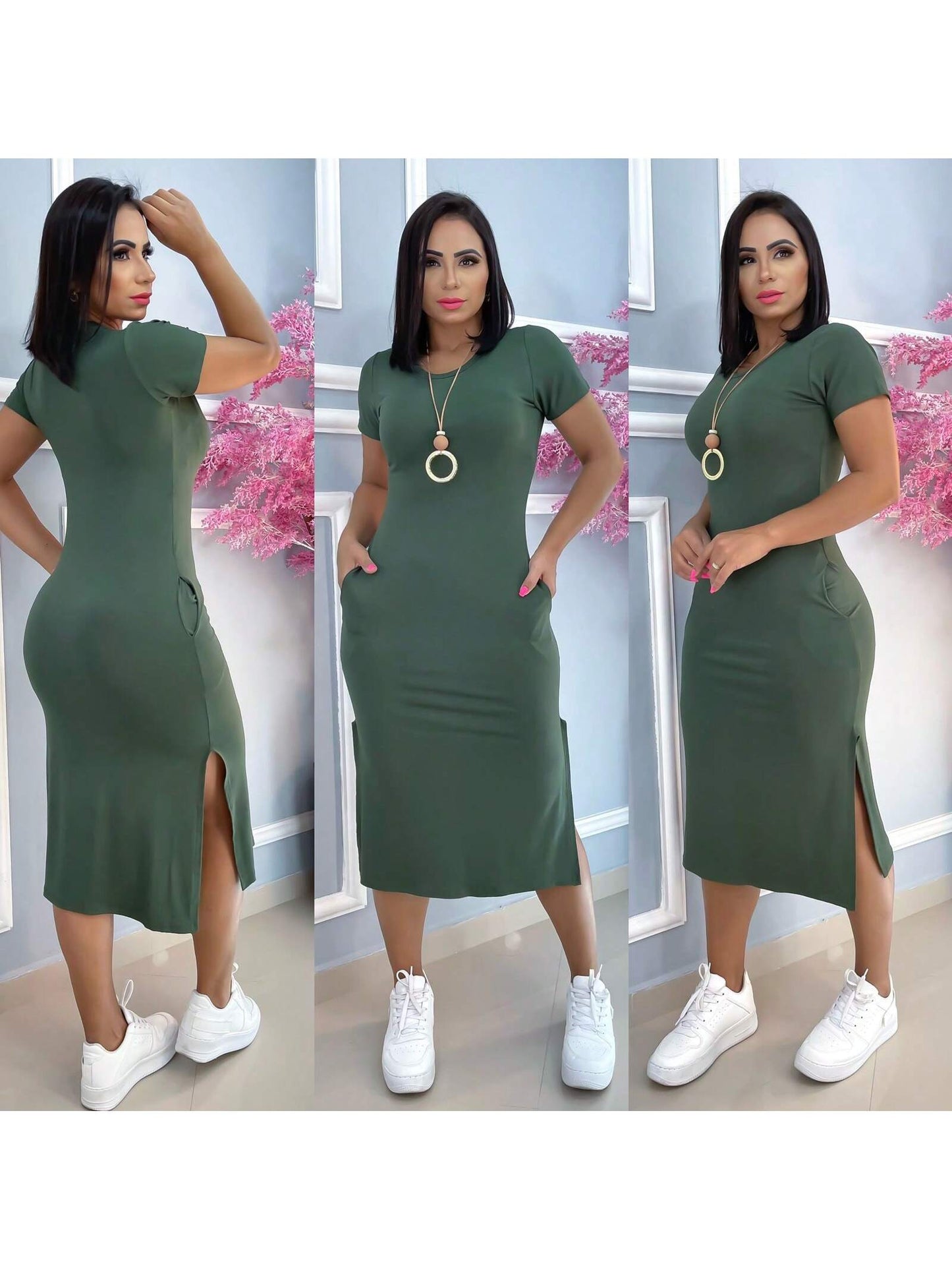 vestido midi com bolso tamanho unico g tecido visc likra