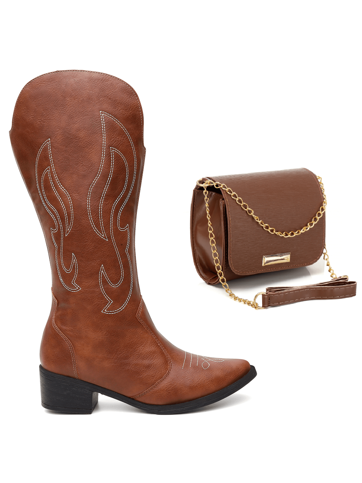 Kit Bota Feminina Western Texana Bordado Cano Alto + Bolsa Transversal Chic