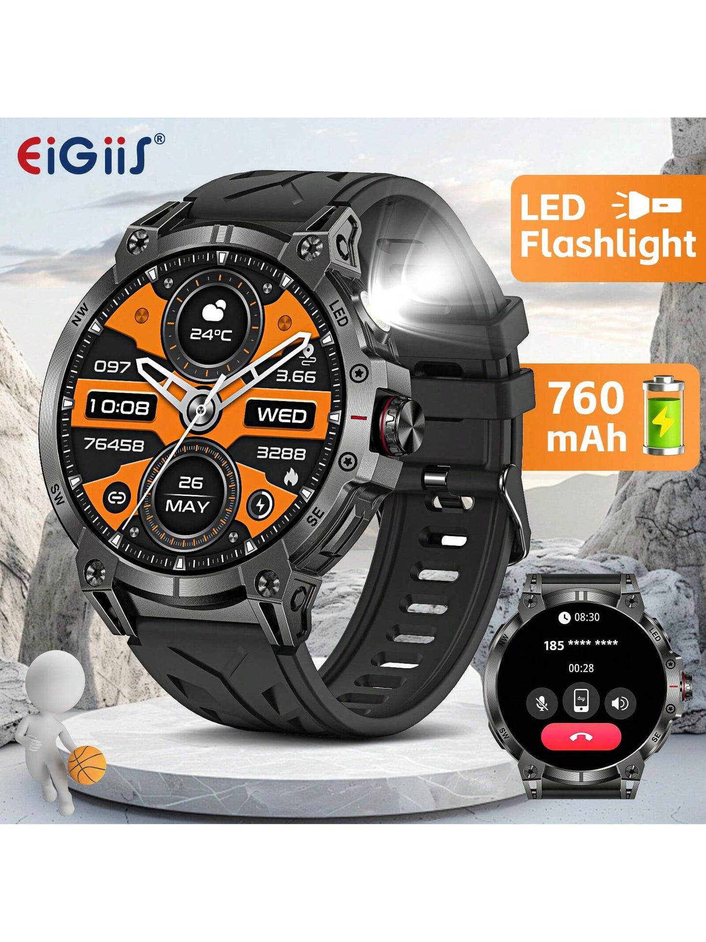 EIGIIS Smartwatch para Homens (Atender/Discar Chamadas) com Lanterna LED, Bateria 760mAh, Mais de 100 Modos Esportivos, Rastreamento de Frequência Cardíaca e Sono, Relógio Rastreador de Fitness 1,85" HD, Smartwatches Táticos para iOS e Android