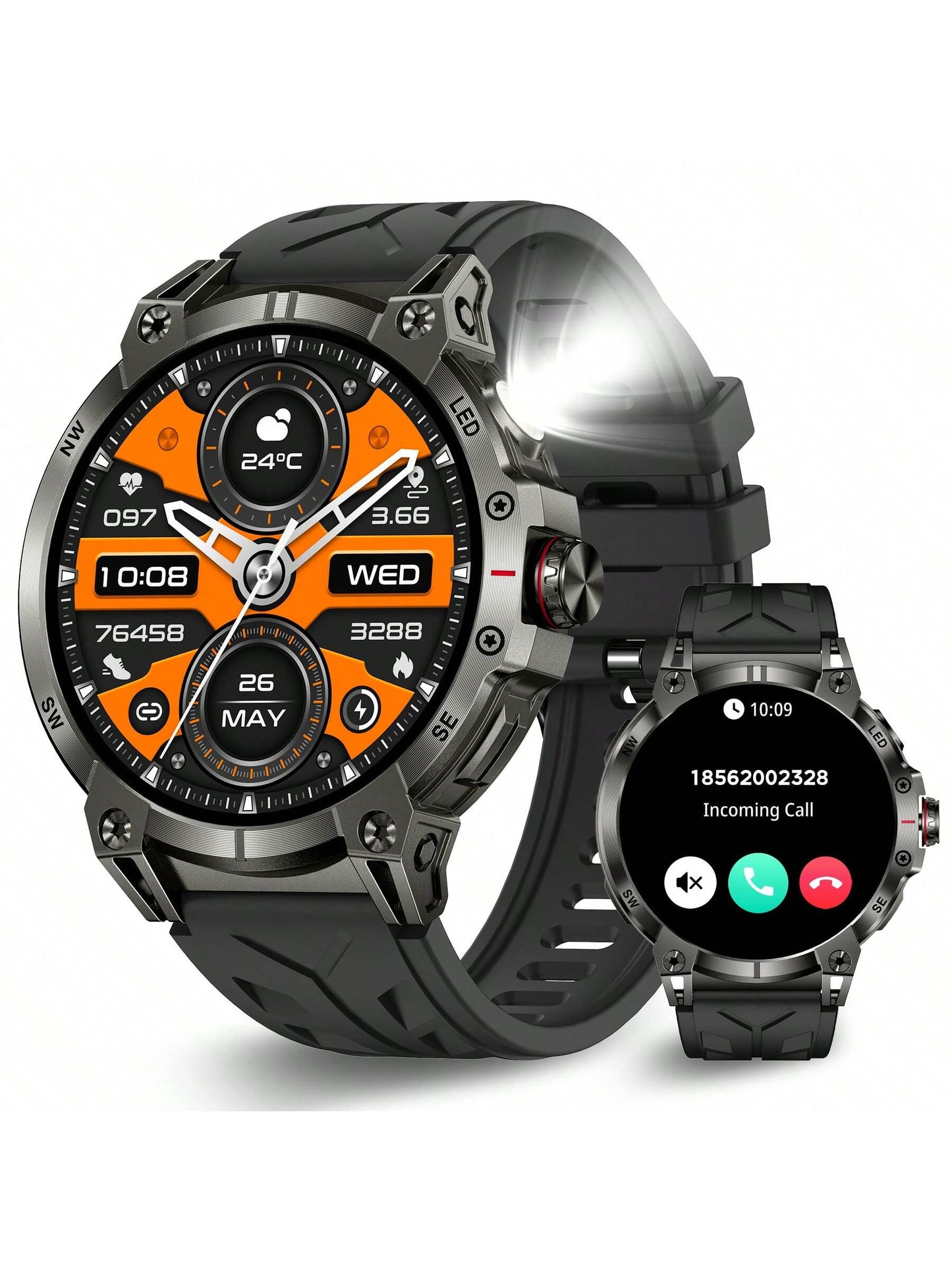 EIGIIS Smartwatch para Homens (Atender/Discar Chamadas) com Lanterna LED, Bateria 760mAh, Mais de 100 Modos Esportivos, Rastreamento de Frequência Cardíaca e Sono, Relógio Rastreador de Fitness 1,85" HD, Smartwatches Táticos para iOS e Android