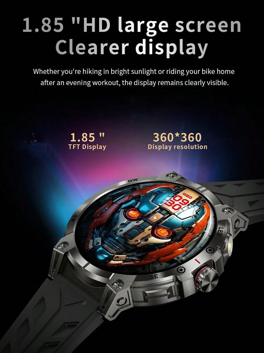 EIGIIS Smartwatch para Homens (Atender/Discar Chamadas) com Lanterna LED, Bateria 760mAh, Mais de 100 Modos Esportivos, Rastreamento de Frequência Cardíaca e Sono, Relógio Rastreador de Fitness 1,85" HD, Smartwatches Táticos para iOS e Android