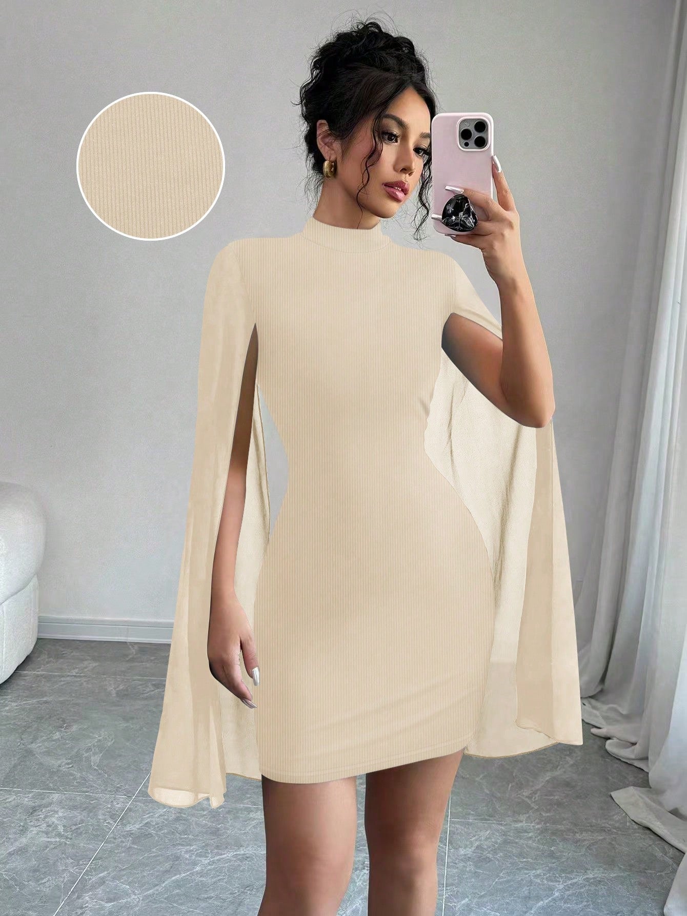 Elenzga Mini Vestido com Capa Ombro a Ombro, Gola Estruturada, Cor Sólida